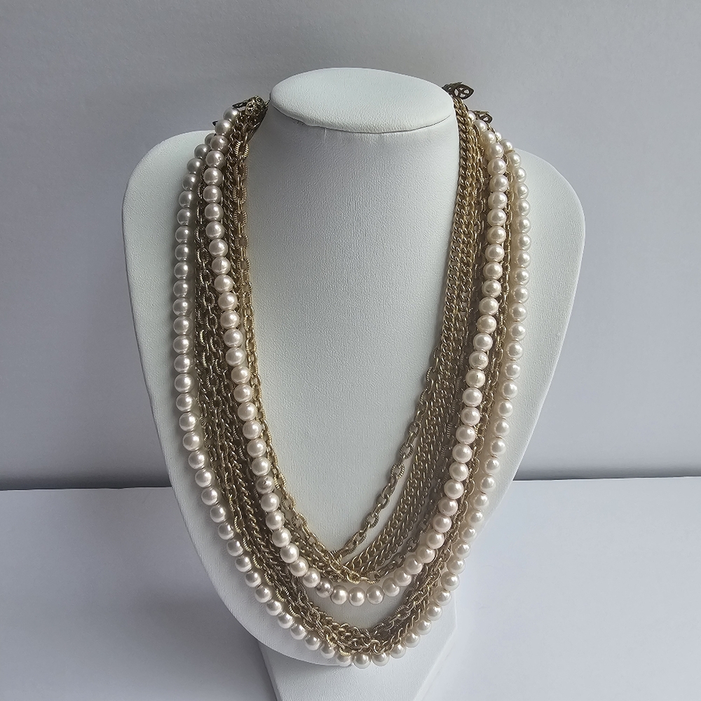 Vintage Multi-Strand Gold Tone Chain Faux Pearl Statement Necklace  Mid-Century